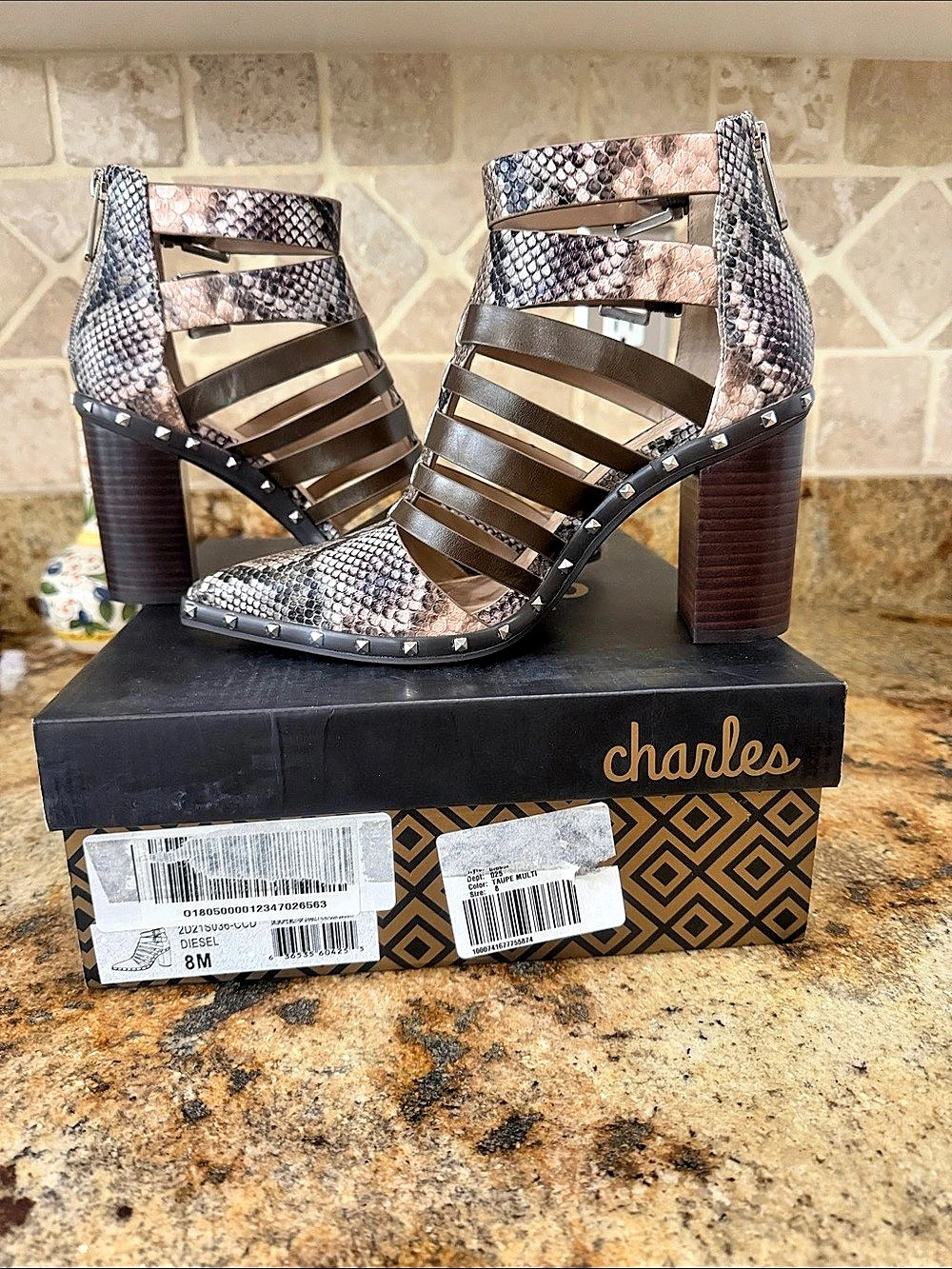 Charles by Charles David Diesel Bootie Studded Python-Print Heels NIB - Picture 2 of 8